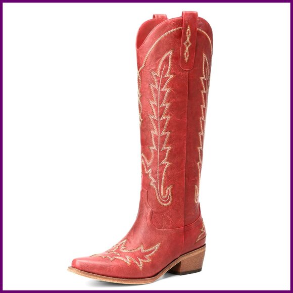 Knee High Cowboy Boots Pointed Toe Chunky Heel Pull On Zipper Western